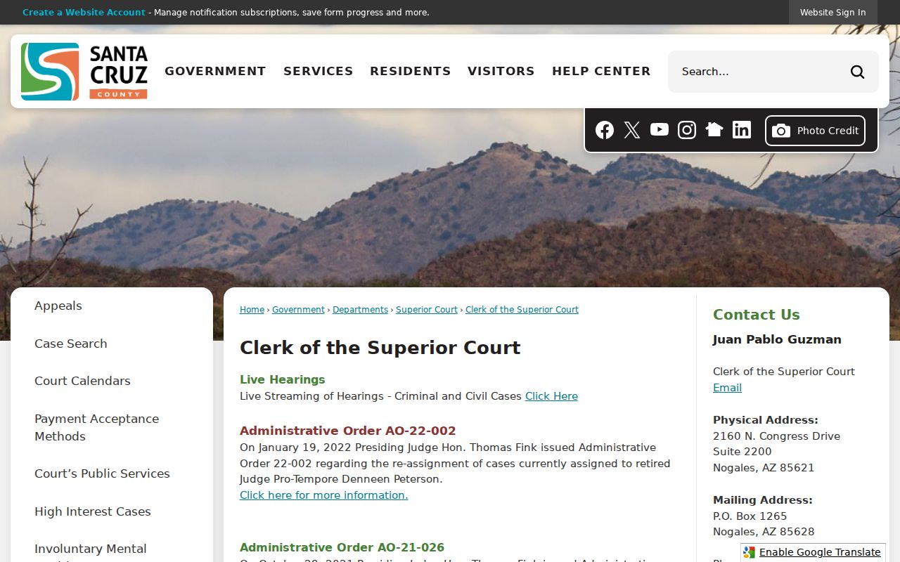 Official Clerk of the Superior Court records page for Santa Cruz County