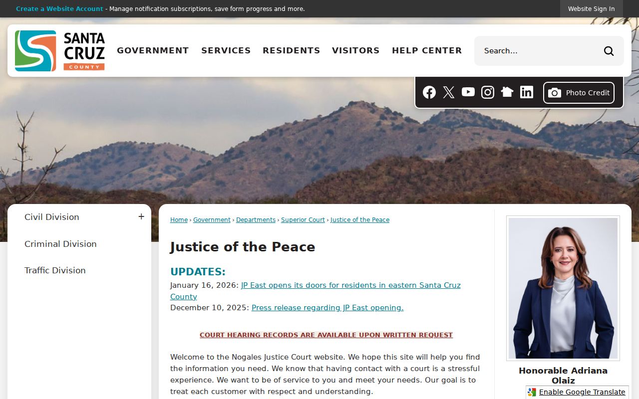 Official Santa Cruz County Nogales Justice Court contact page