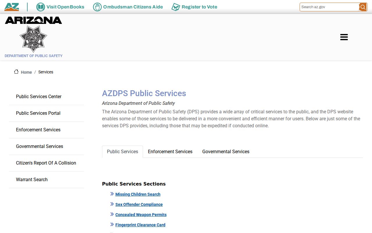 Arizona DPS services directory with separate warrant and tip channels