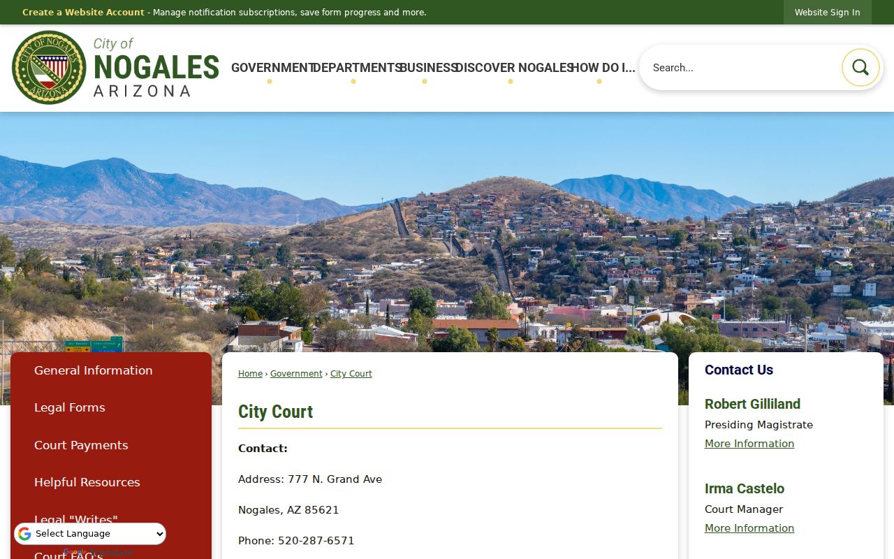 Official Nogales City Court contact and jurisdiction page