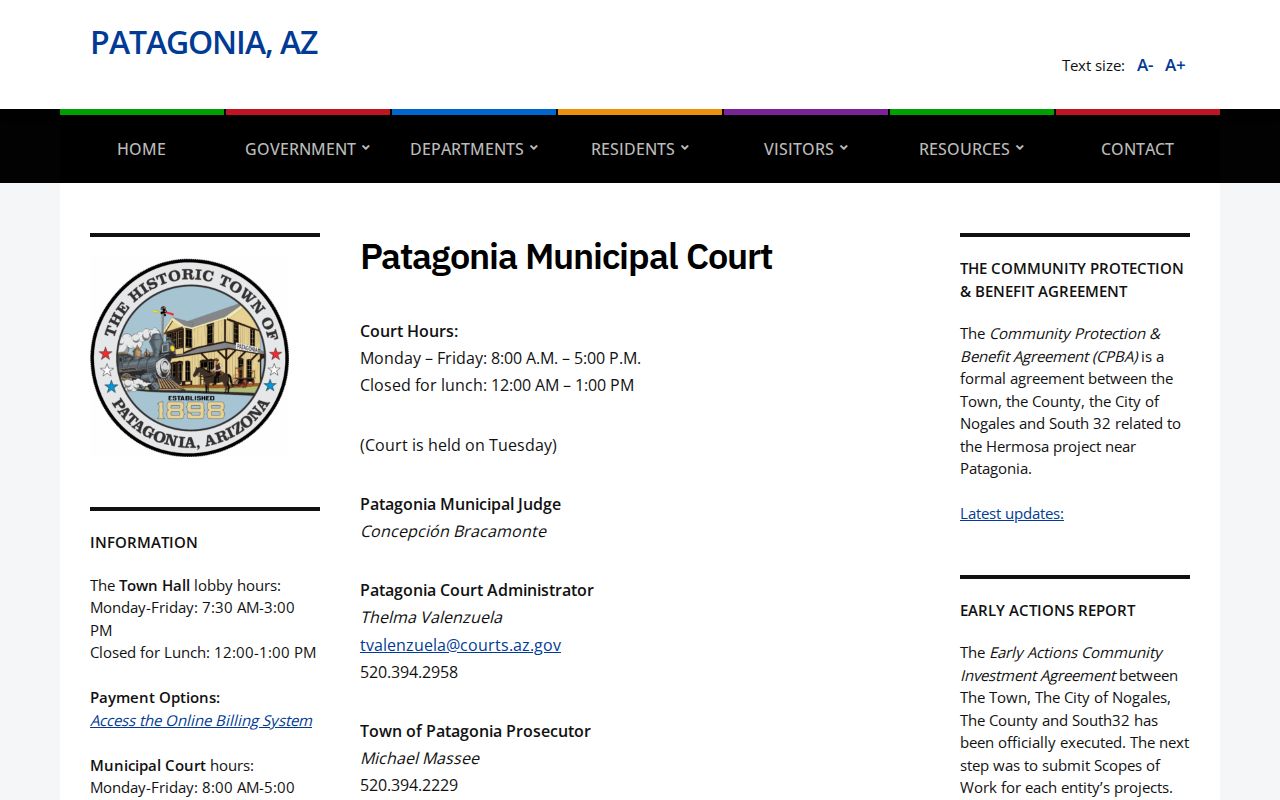 Official Patagonia Municipal Court schedule and contact page